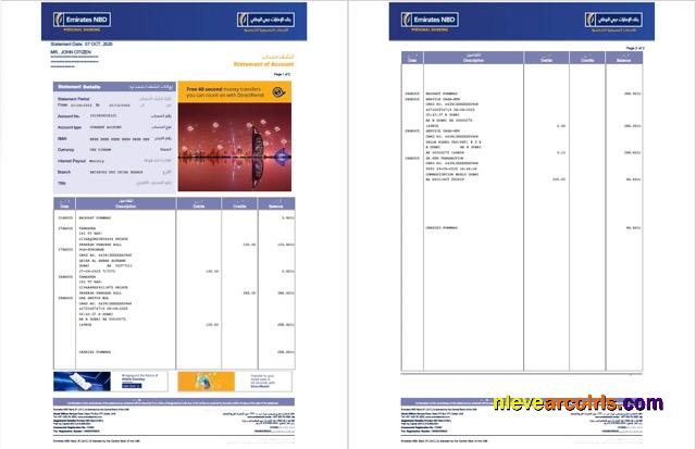 UAE Emirates NBD Bank statement of account Word and PDF, 2 pages